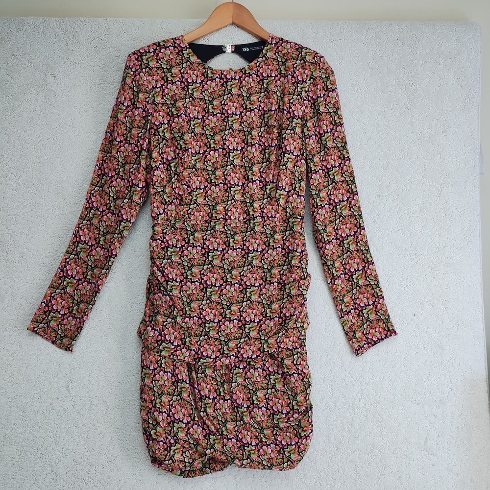 Zara Dress Womens L Floral Long Sleeve Ruched Mini Open Back Black Pink Bodycon